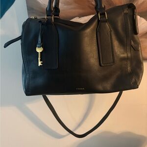 Fossil Black Leather Satchel with Gold Key Charm